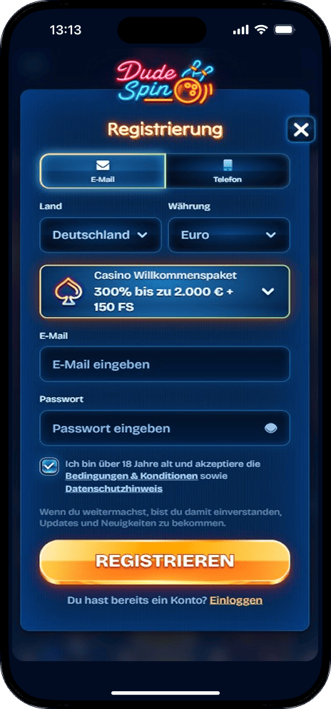 Dudespin Registrierung